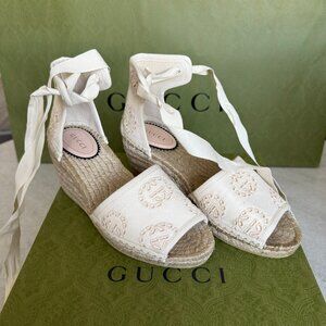 Women's 771779 L'Aveugle White Heel Sandal Embroidered GG, Sz 37, Spain